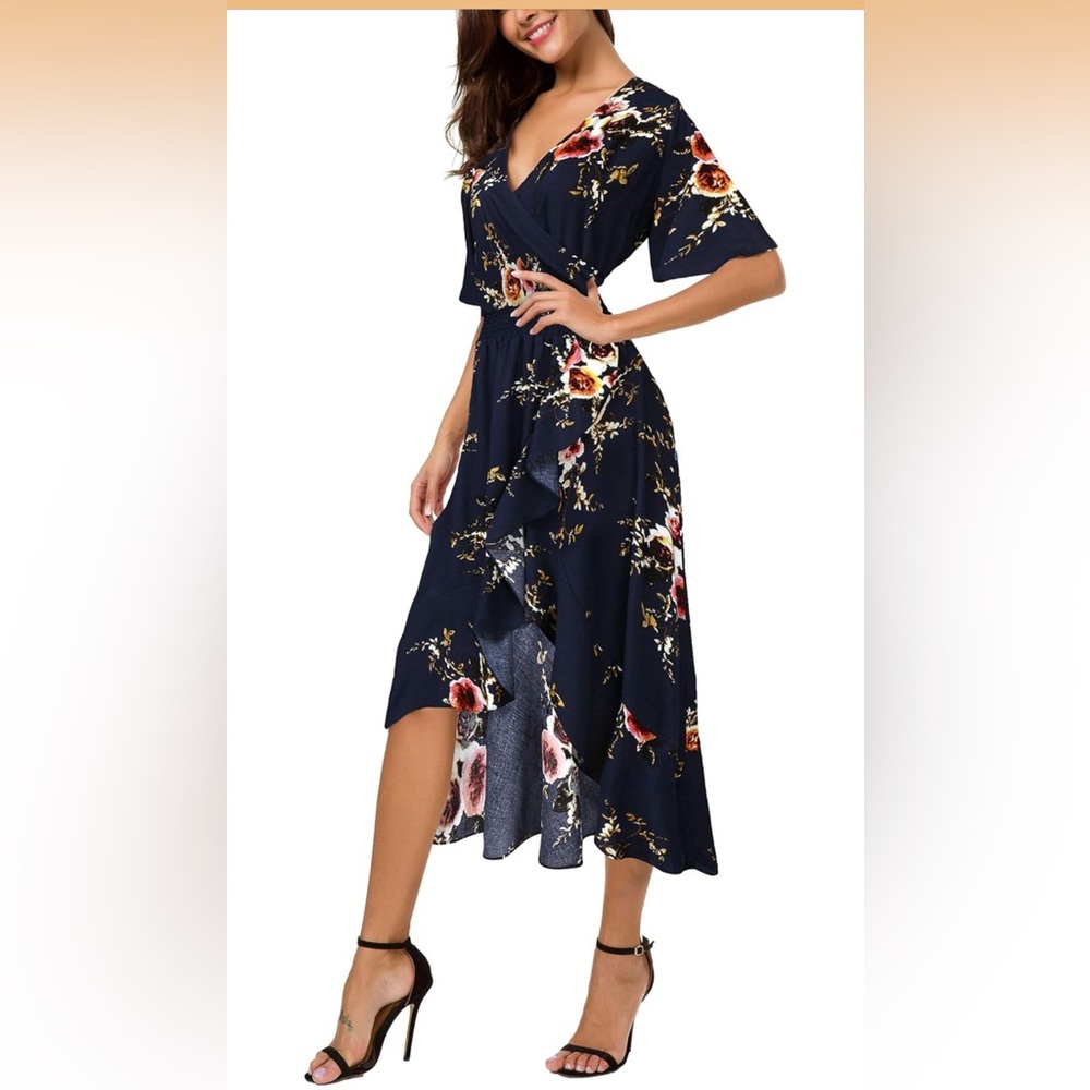 Chic Floral High-Low Dress in Navy and Pink